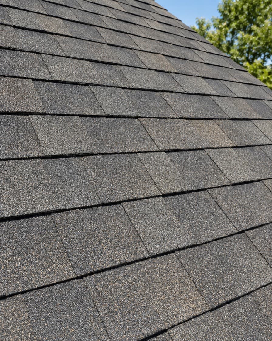 Close-up of a clean asphalt shingle roof after soft washing